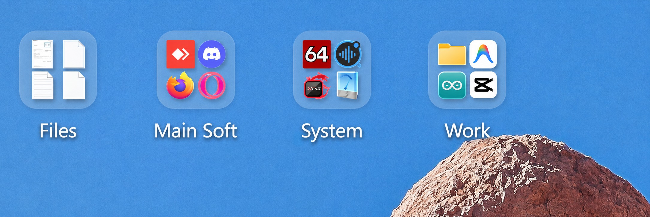 Four groups on a Windows desktop: Files, Main Soft, System and Work, each icon showing a preview of the apps inside